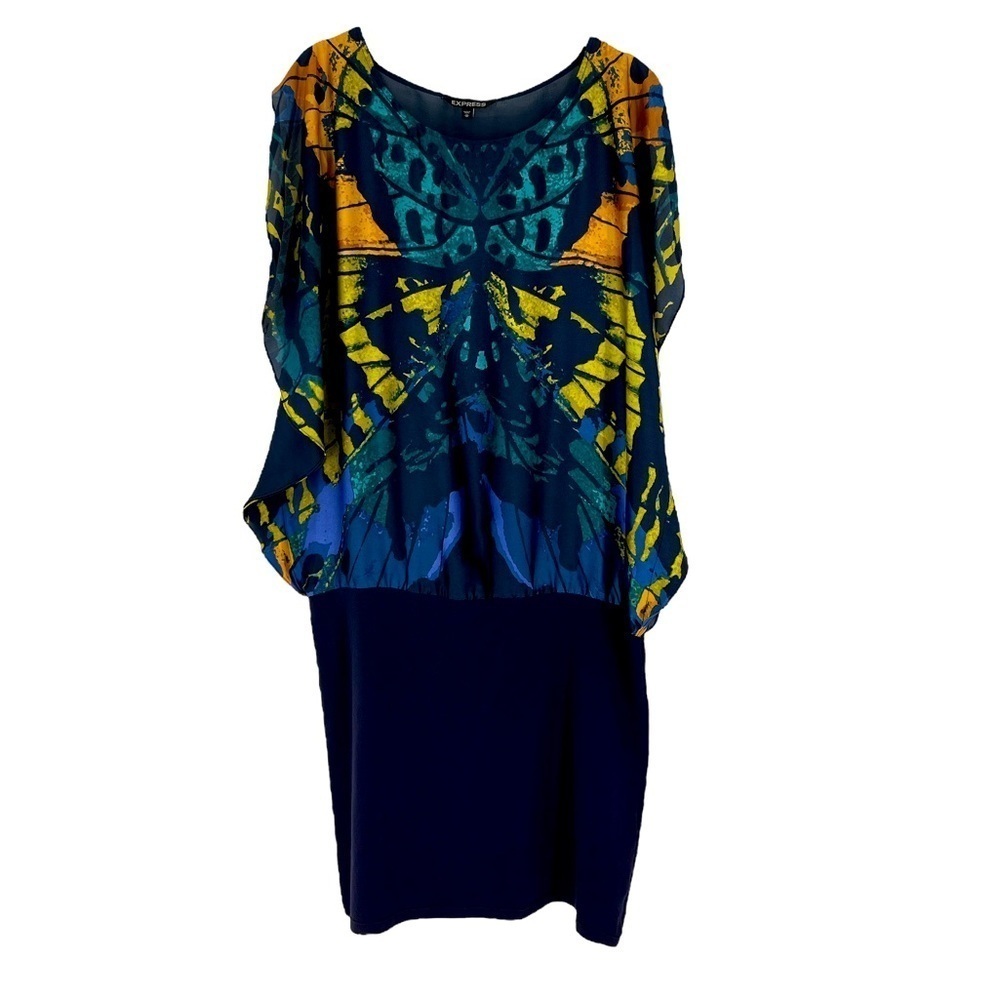 Vintage Express dress Butterfly Flowy silk top, Whimsigoth stretchy drop waist M